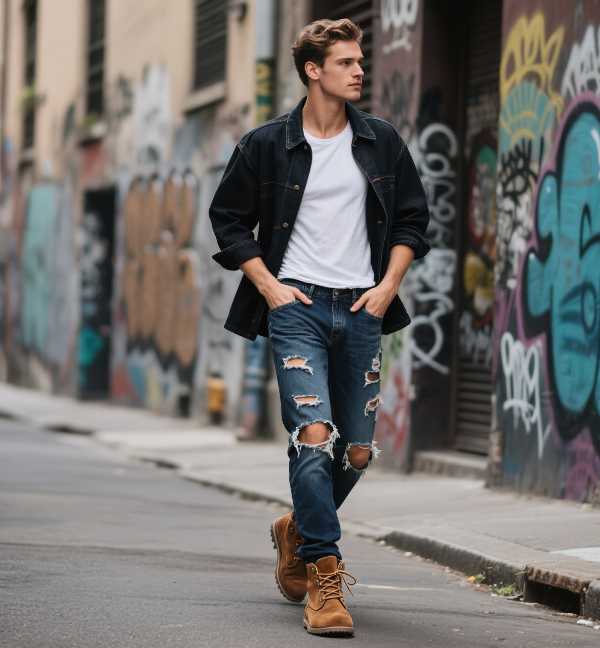 A man wearing dark-wash blue ripped jeans paired with brown desert boots, walking down the street.