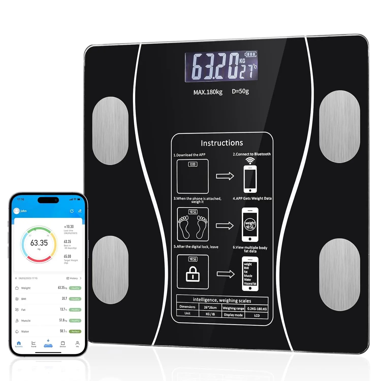 Premium LED Body Composition Scale – Accurate Digital Bathroom Scale with Body Fat Analysis, Bluetooth Connectivity,