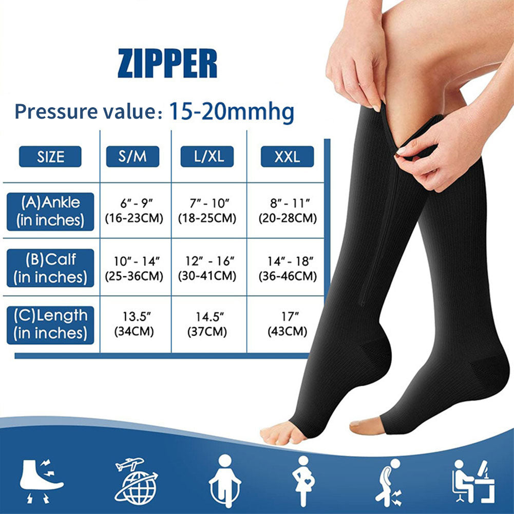 Premium Zipper Compression Socks with Open Toe – 15-20 mmHg, for Men & Women, Lightweight Support for Pregnancy, Swelling,