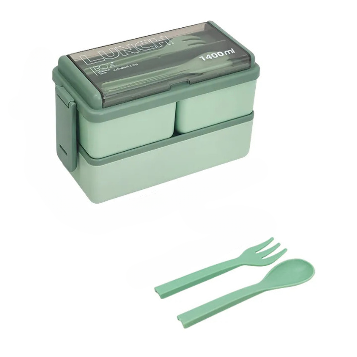 Bento Double Couche Vert avec Couverts