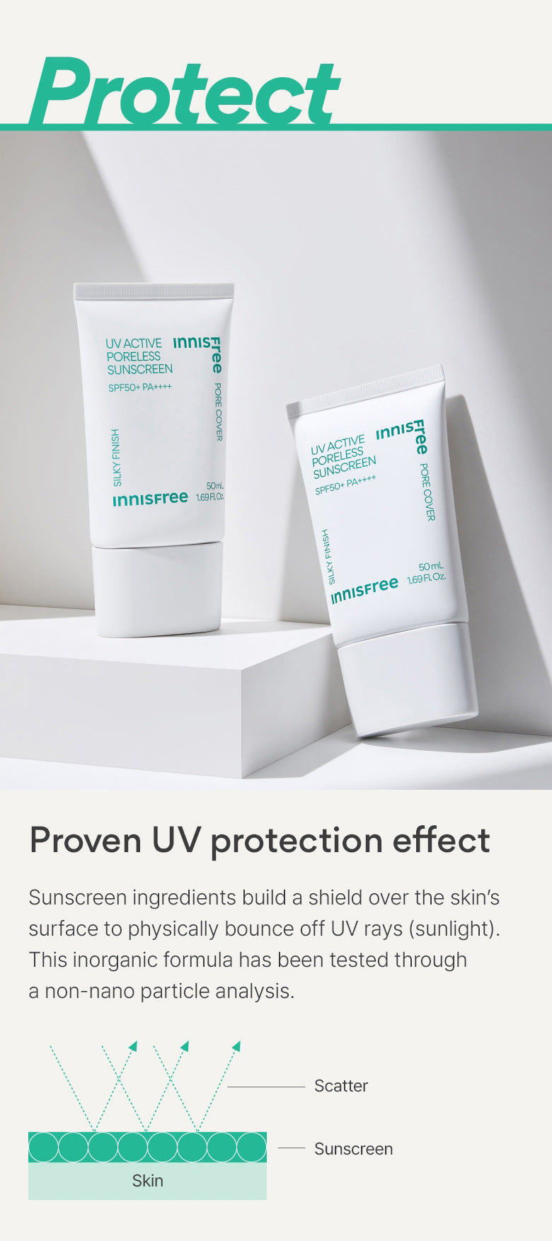 UV ACTIVE PORELESS SUNSCREEN SPF50 page three.