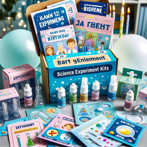 Ein Set an unterhaltsamen und interaktiven Wissenschaftsexperiment-Kits als Mitgebsel, das -einfache -und -sichere- Experimente-für -zu- Hause- beinhaltet.