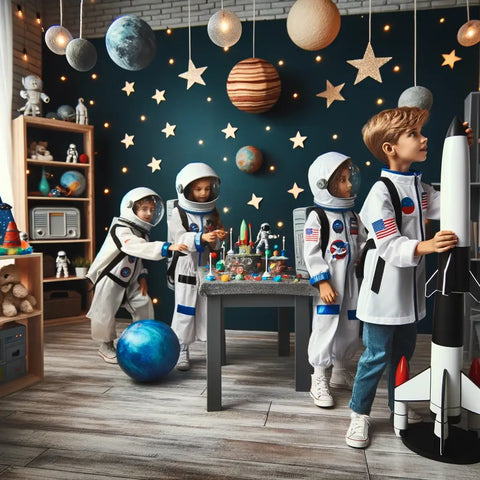 Eine -Weltraum-Themenparty -mit -Kindern- in -Astronautenkostümen.