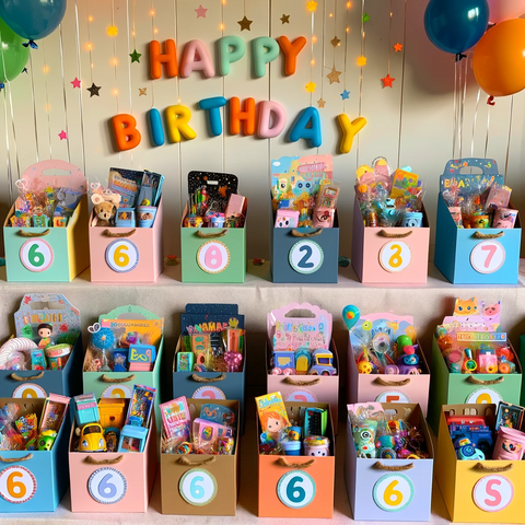Eine Ausstellung von personalisierten Partygeschenk-Boxen für eine Geburtstagsfeier für 6-Jährige, jede Box ist mit dem Namen des Kindes dekoriert und gefüllt mit altersgerechten Spielzeugen und Leckereien.