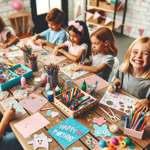 Eine DIY-Bastelstation auf einer Geburtstagsfeier für 7-Jährige, an der Kinder glücklich ihre eigenen Partygeschenke kreieren.