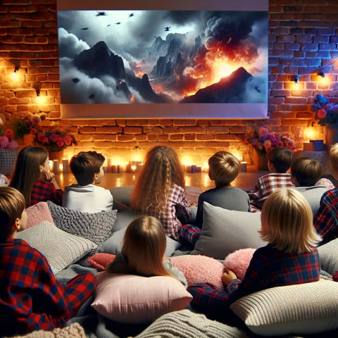 Eine- Gruppe -von- 12-jährigen- Kindern, die- eine- Filmnacht -auf- einer- Pyjama-Party -genießen, sitzen -bequem -mit -Kissen-und- Decken -und -schauen -einen- Film -auf -einer- großen -Leinwand.
