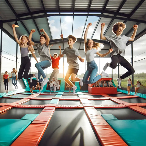Eine -Gruppe -von -12-jährigen- Kindern, die- in -einem -Trampolinpark -Spaß -haben, springen- und- akrobatische- Sprünge -auf -Trampolinen- in -einer -farbenfrohen -und -sicheren -Umgebung- machen.