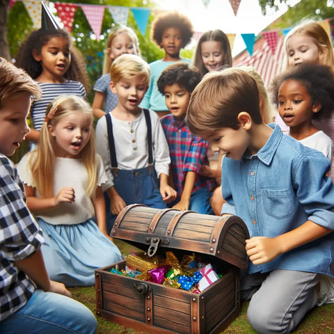 Eine- Gruppe- von -6-jährigen- Kindern -genießt -ein -Schatzsuche-Spiel -auf -einer -Geburtstagsfeier, wobei -ein -Kind-eine -versteckte -Schatztruhe- mit- Partygeschenken -findet.