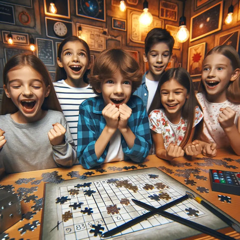 Escape- Room- Spiel: Aufgeregte -8-jährige -Kinder- spielen -ein -Escape- Room-Spiel -auf- einer- Geburtstagsfeier, lösen- Rätsel- und -arbeiten- in- einem- thematisch- gestalteten -Raum- zusammen, was -Engagement- und -Teamarbeit- zeigt.