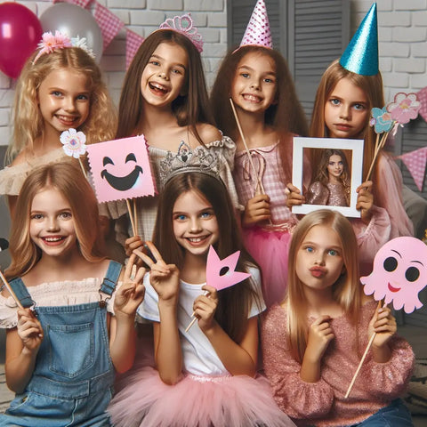 Geburtstags-Fotoshooting: Eine -Gruppe -von-8-jährigen -Mädchen- hat- Spaß bei einem Fotoshooting auf einer Geburtstagsfeier, posiert mit Requisiten- und- Kostümen- und- zeigt -eine-lebhafte- und -fröhliche -Atmosphäre.