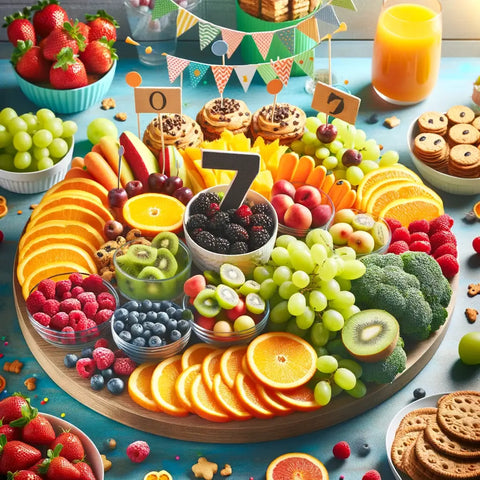 Gesunde und spaßige Snack-Optionen, kreativ arrangiert für eine Geburtstagsfeier eines 7-Jährigen, einschließlich einer Vielfalt an Früchten, Gemüse und gesunden Leckereien.