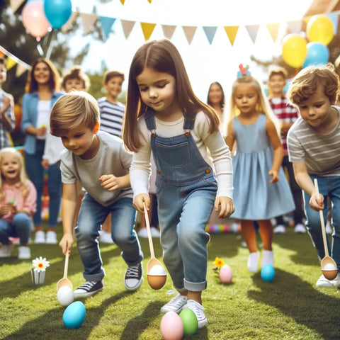 Kinder -bei- einem- lustigen- Eier-und-Löffel-Rennen