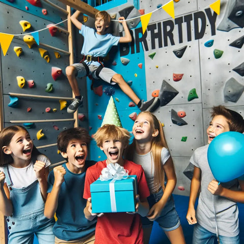 Kinder, die- den -Geburtstag -eines- 12-Jährigen- in- einer -Kletterhalle -feiern, zeigen- Aufregung -und- Herausforderung, während -sie -verschiedene -Kletterwände -und- Hindernisse -erklimmen- und -navigieren.