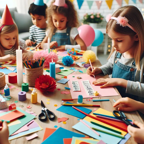 Kreatives- Basteln: -Kinder, die- bei- einer- Geburtstagsfeier- für- 8-Jährige -an -einer- kreativen- Bastelaktivität -teiln-buntem- Papier, Scheren- und- Kleber, zeigen- Konzentration -und- Kreativität.