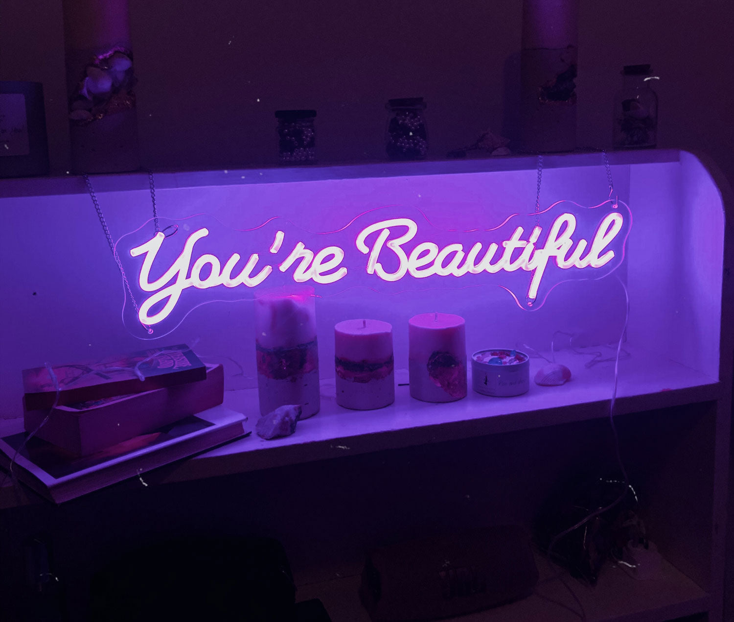 you are beautiful text neon sign in neon purple