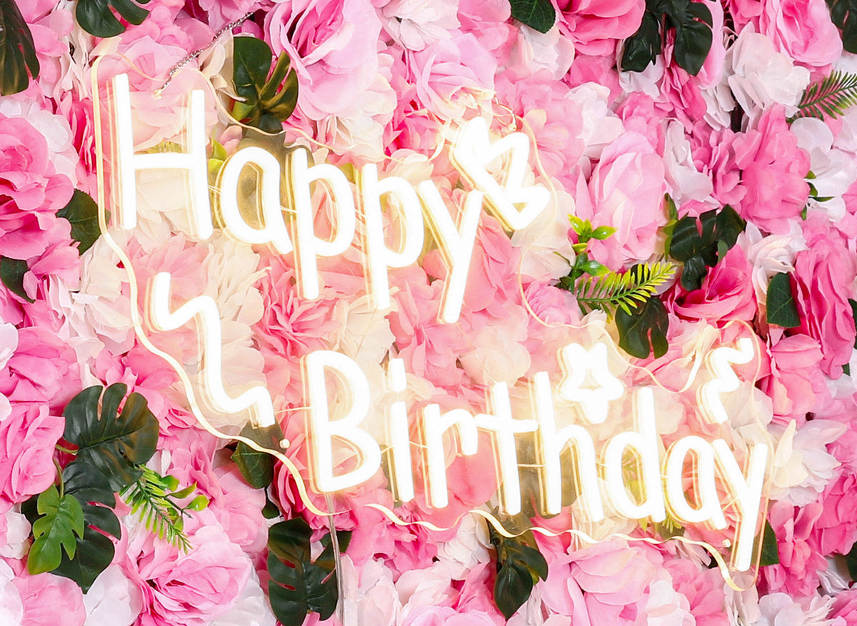 "Happy Birthday" text Neon Sign in warm white color