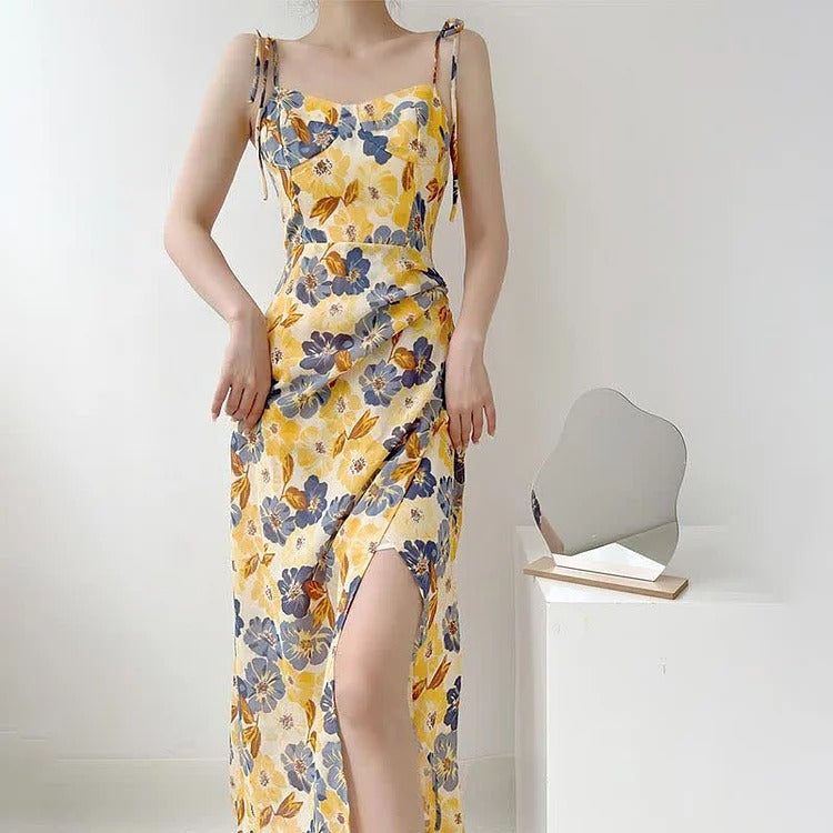 Chic Vintage Oil Painting Floral Print Lace Up Split Slip Dress - Image 4