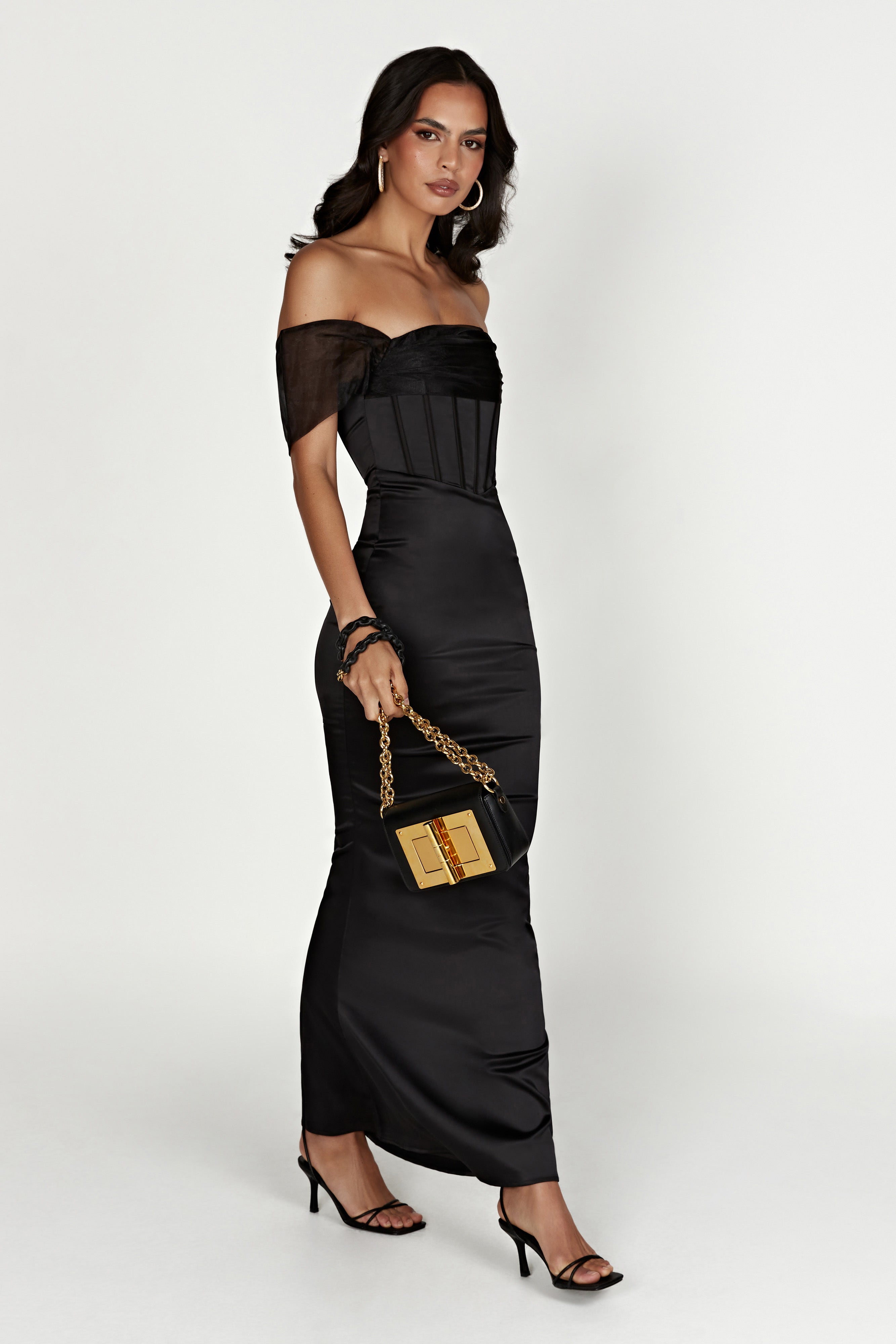 Everly Off Shoulder Organza Satin Maxi Dress - Black - Image 4