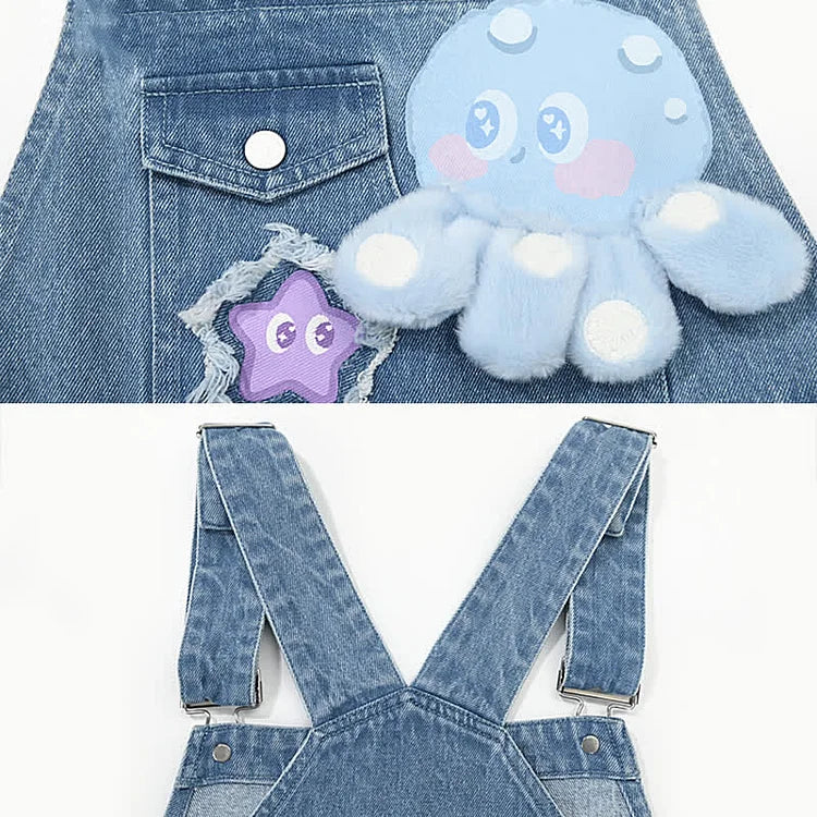 Matching Best Friends Jellyfish Print Denim Overalls - Image 12