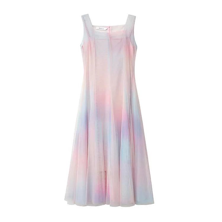 Chic Rainbow Print A-line Tulle Slip Dress Two Piece - Image 3