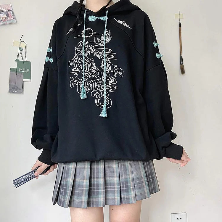Vintage Deer Embroidery Loose Sweatshirt Hoodie Dress - Image 9