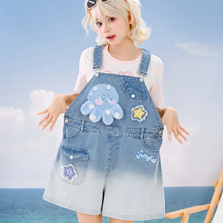 Matching Best Friends Jellyfish Print Denim Overalls - Image 9