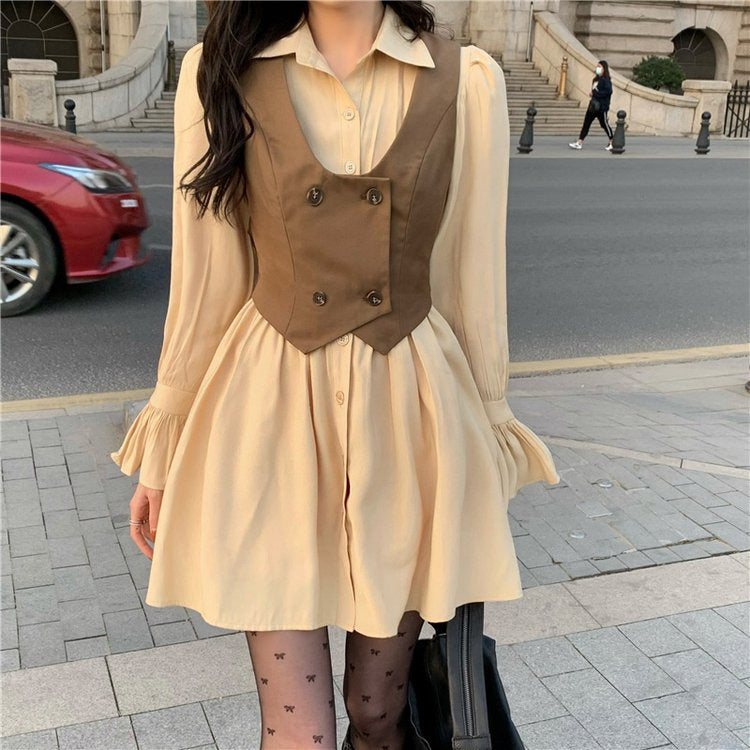 Vintage Double Button Vest Ruffled Dress Set - Image 4