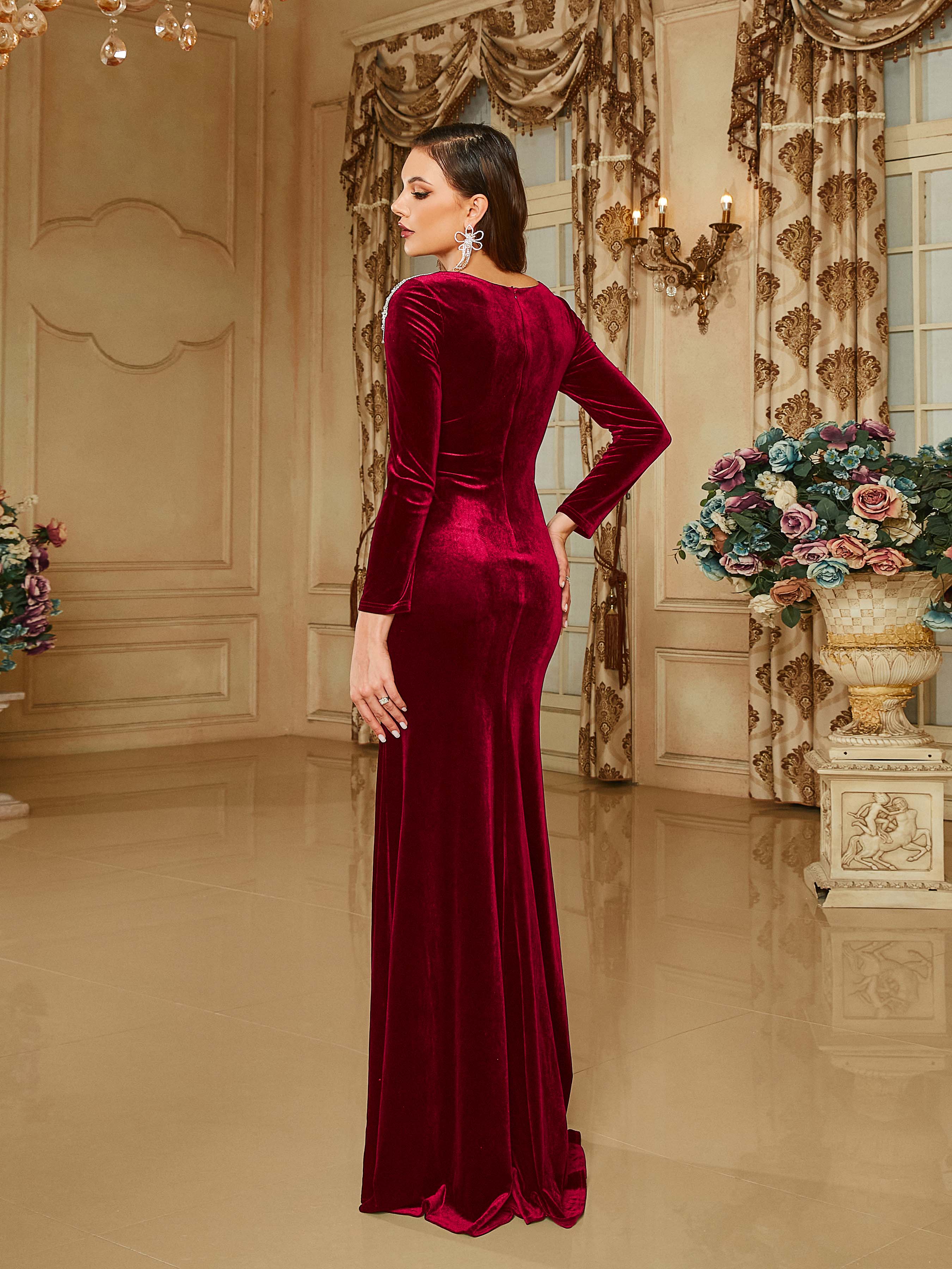 V-neck Velvet Split Black Long Sleeve Evening Dress RH30698 - Image 10