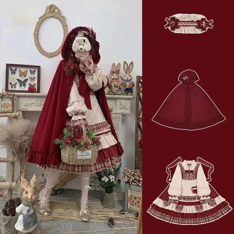Bowknot Red Hood Cloak Plaid Dress Set - Image 3