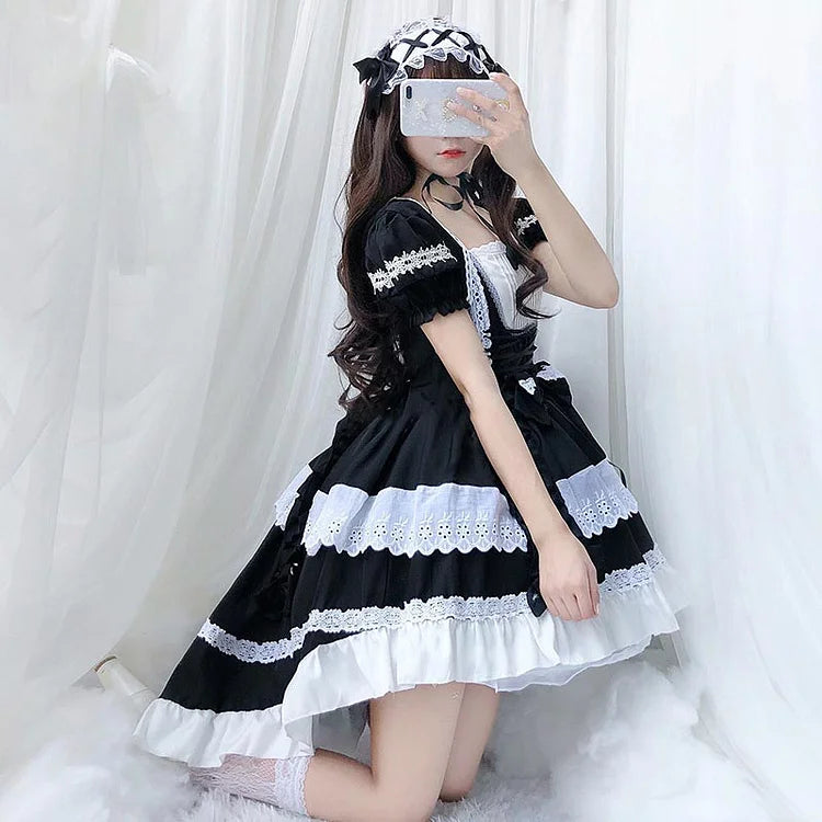 Kawaii Lolita Lace Up Ruffled Maid Dress - Image 11