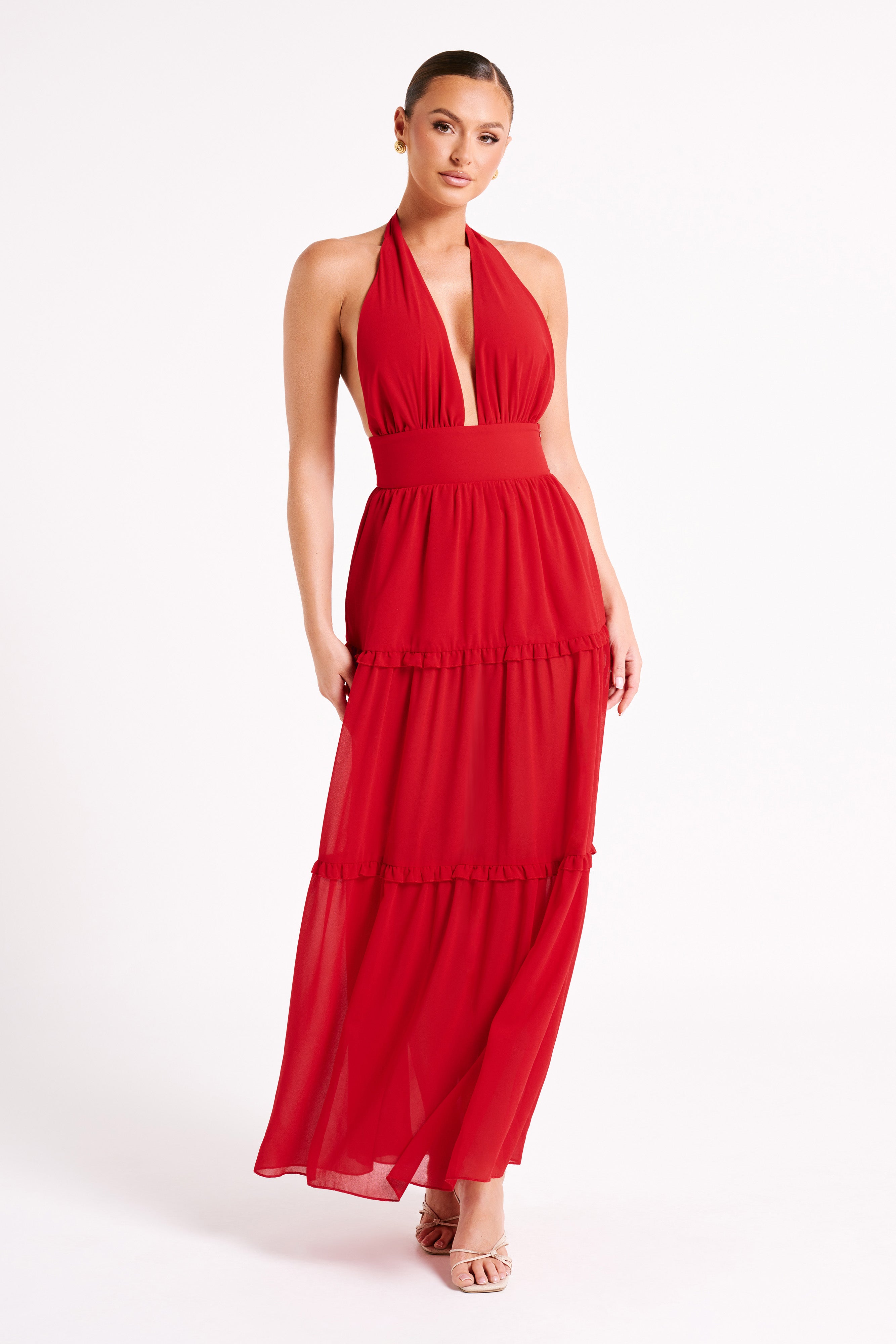 Marianna Tiered Halter Maxi Dress - Vermilion Red - Image 6