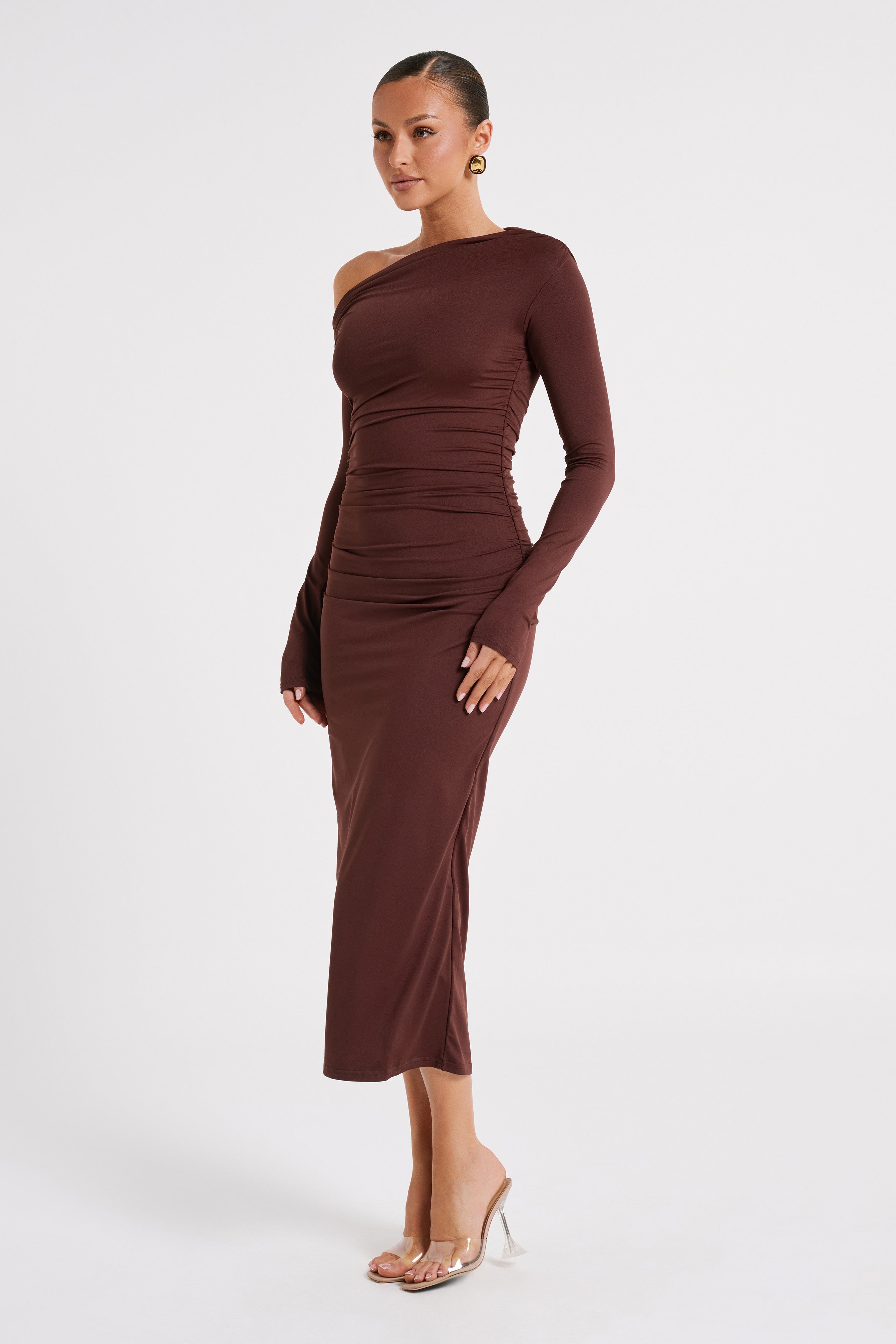 Christabel Recycled Nylon Ruched Midi Dress - Chocolate - Image 5