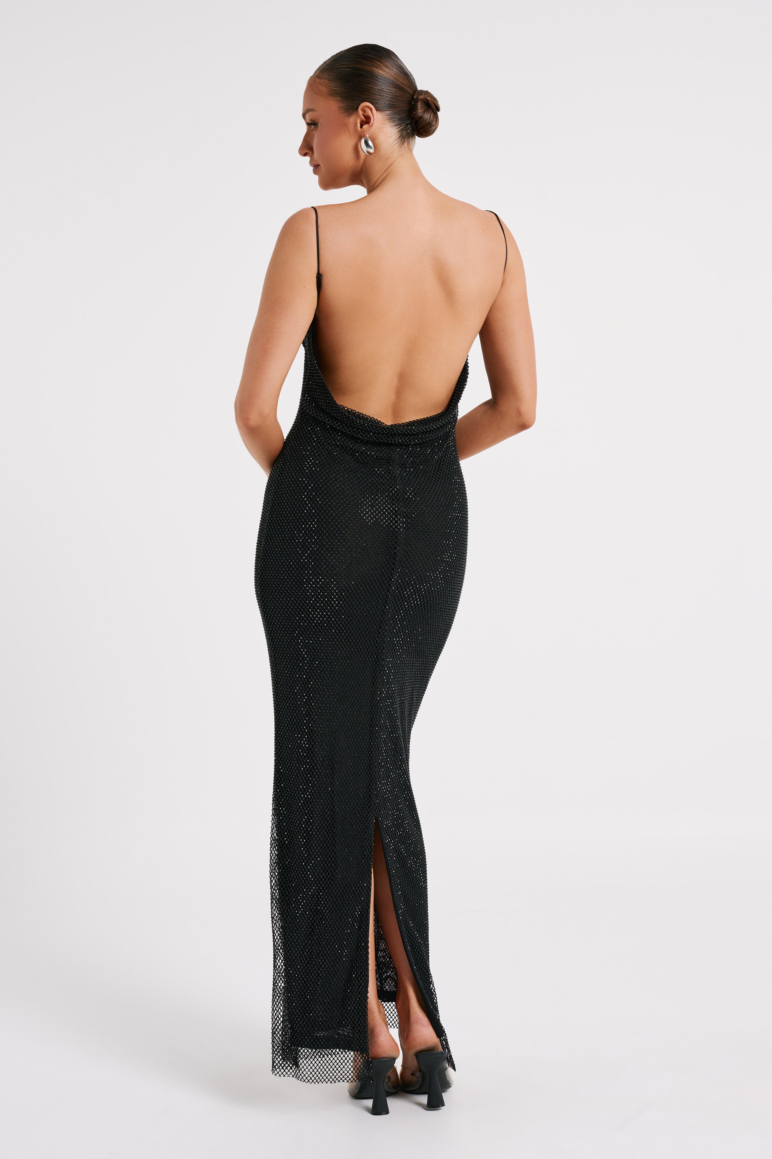 Madelaine Diamante Mesh Cowl Maxi Dress - Black - Image 5