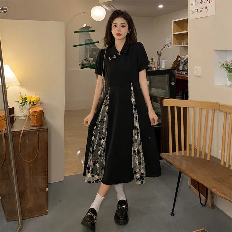 Vintage Tulle Floral Stitching Lapel Cheongsam Dress - Image 7