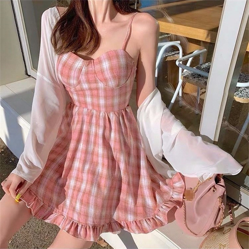Kawaii Chic Backless Orange Pink Plaid Dress