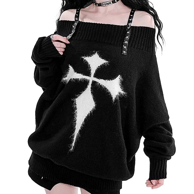 Chic Cross Print Off Shoulder Sweater Dress - Image 3