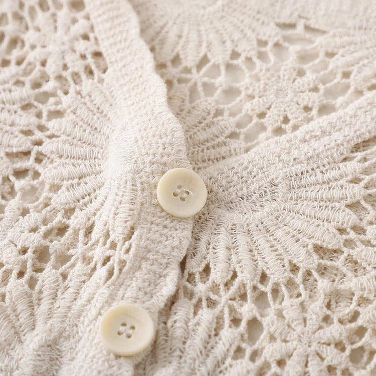 Crochet V-Neck Cardigan Vintage Floral Print Slip Dress Two Piece Set - Image 9