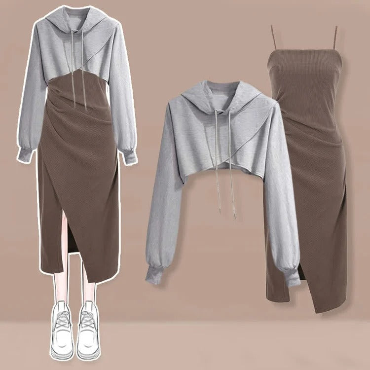 Cross Crop Hoodie Ruffle Split Slip Dress Two Piece Set - Image 3
