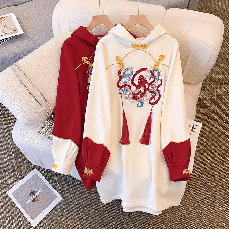 Vintage Koi Fish Wave Embroidery Hoodie Sweatshirt Dress - Image 3