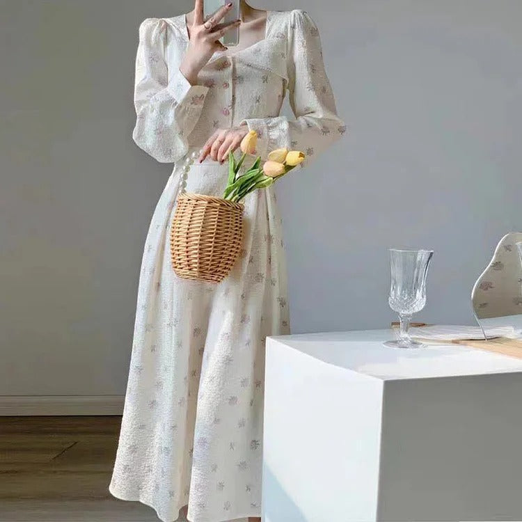 Vintage Pearl Collar Floral Print A-line Dress - Image 8