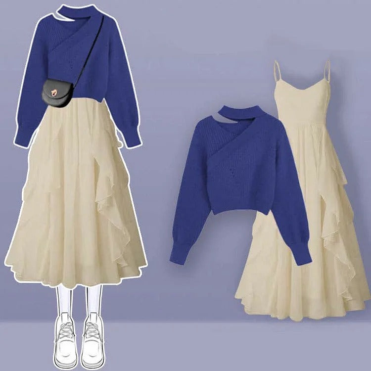Hollow Out Vivid Color Sweater Flouncing Slip Dress Two Piece - Image 6