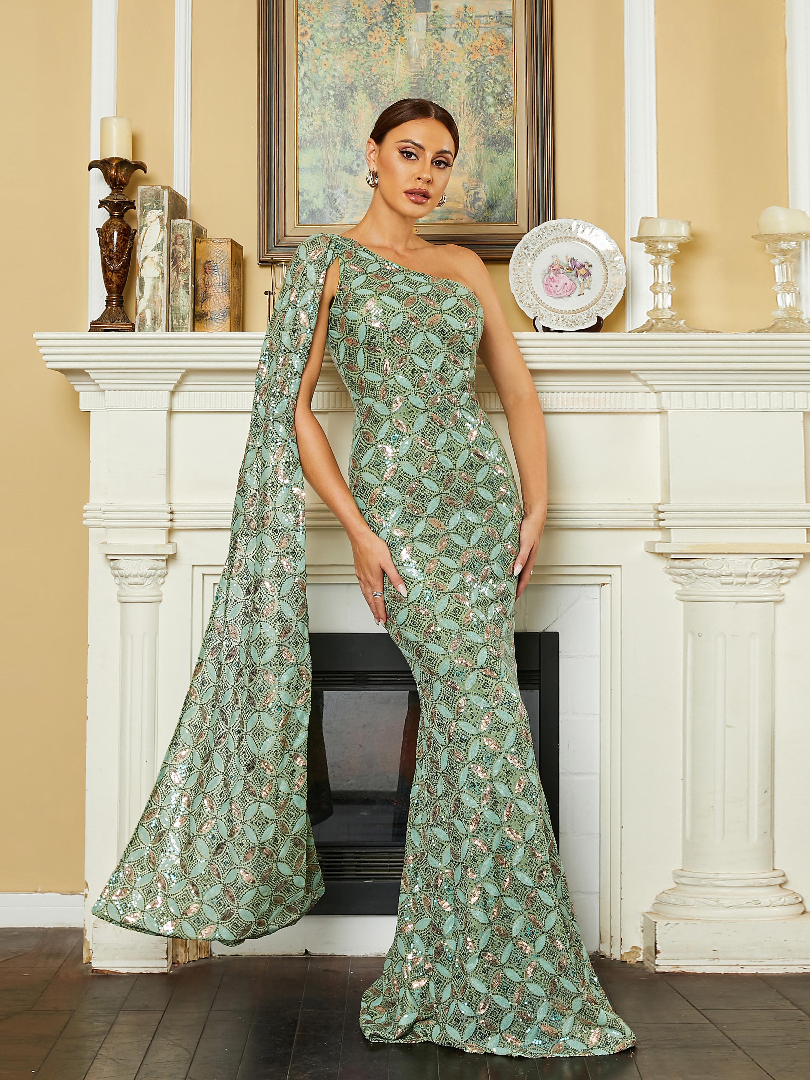 One Shoulder Sequin Mermaid Green Prom Dress RM20590 - Image 5