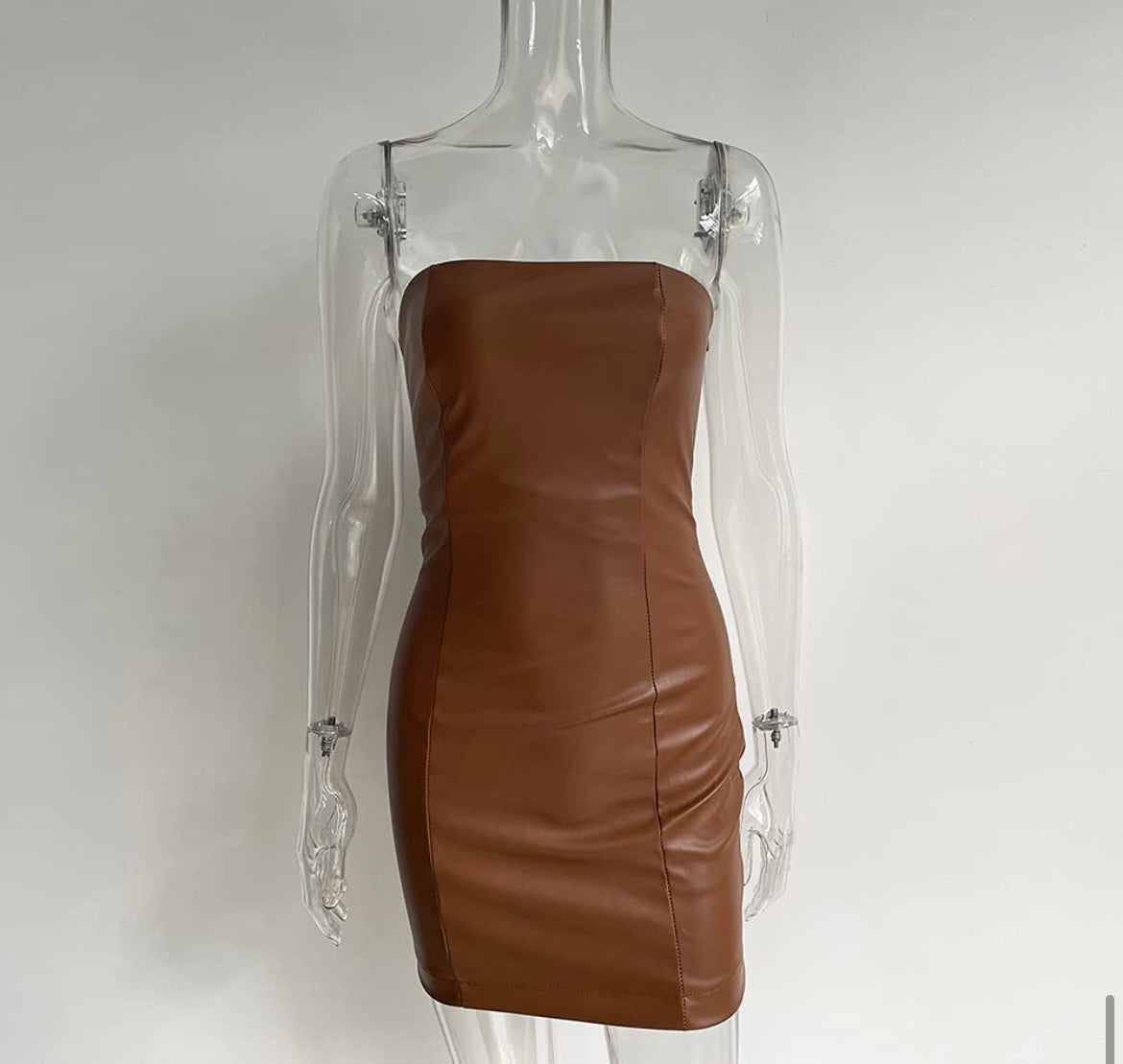 BROWN LEATHER MINI DRESS - Image 3