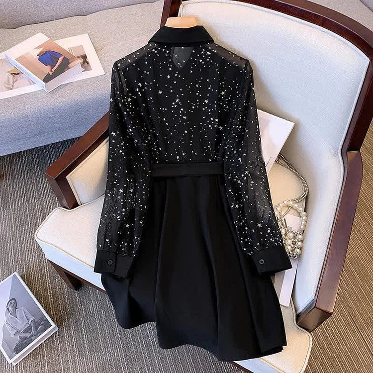 Vintage Plus Size Star Print Chiffon Stitching A-line Dress With Belt - Image 5