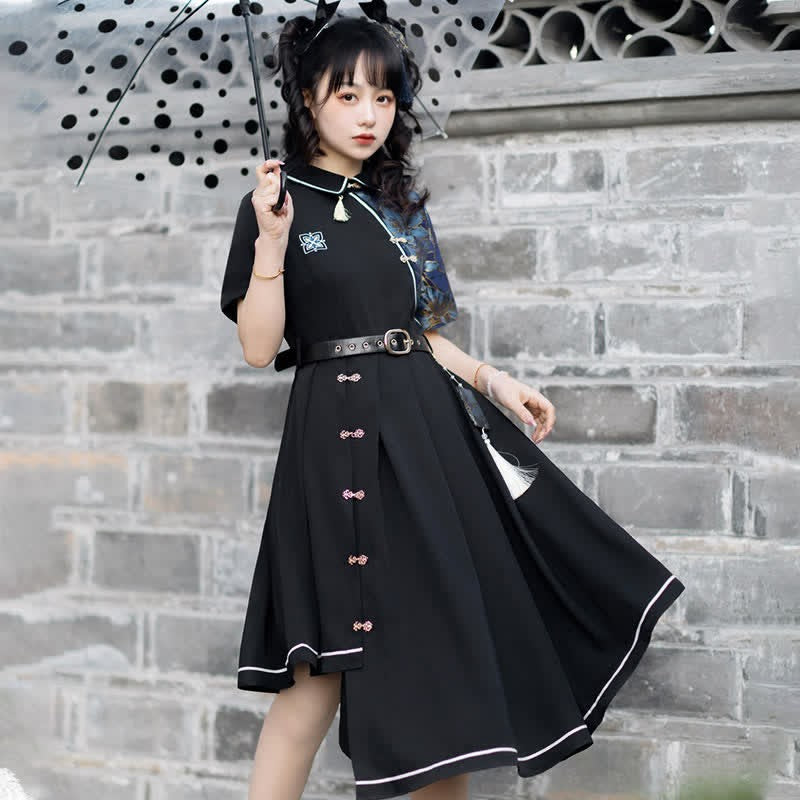 Vintage Lapel Floral Embroidery Button Irregular Dress With Belt - Image 4