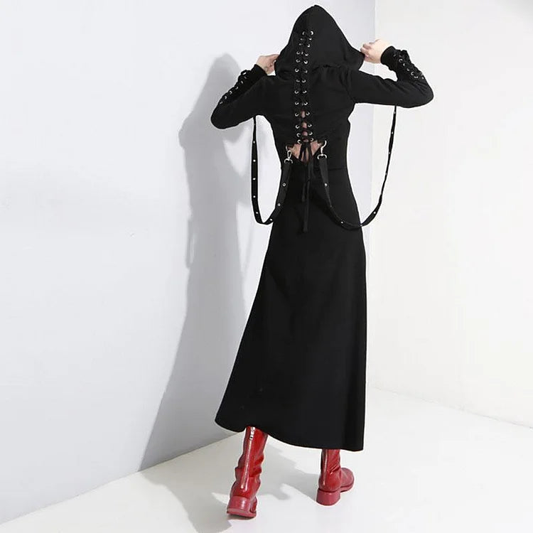 Gothic Hollow Lace Up Sweatshirt Split Long Dress Two Piece Set - Image 8