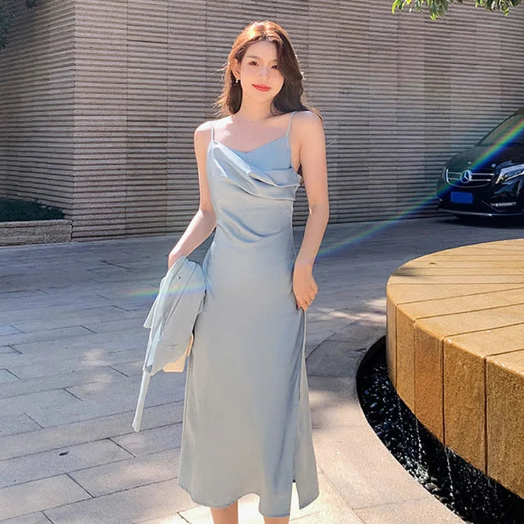 Vintage Cardigan Ruffled Satin Split Slip Dress Two Piece Set - Image 7