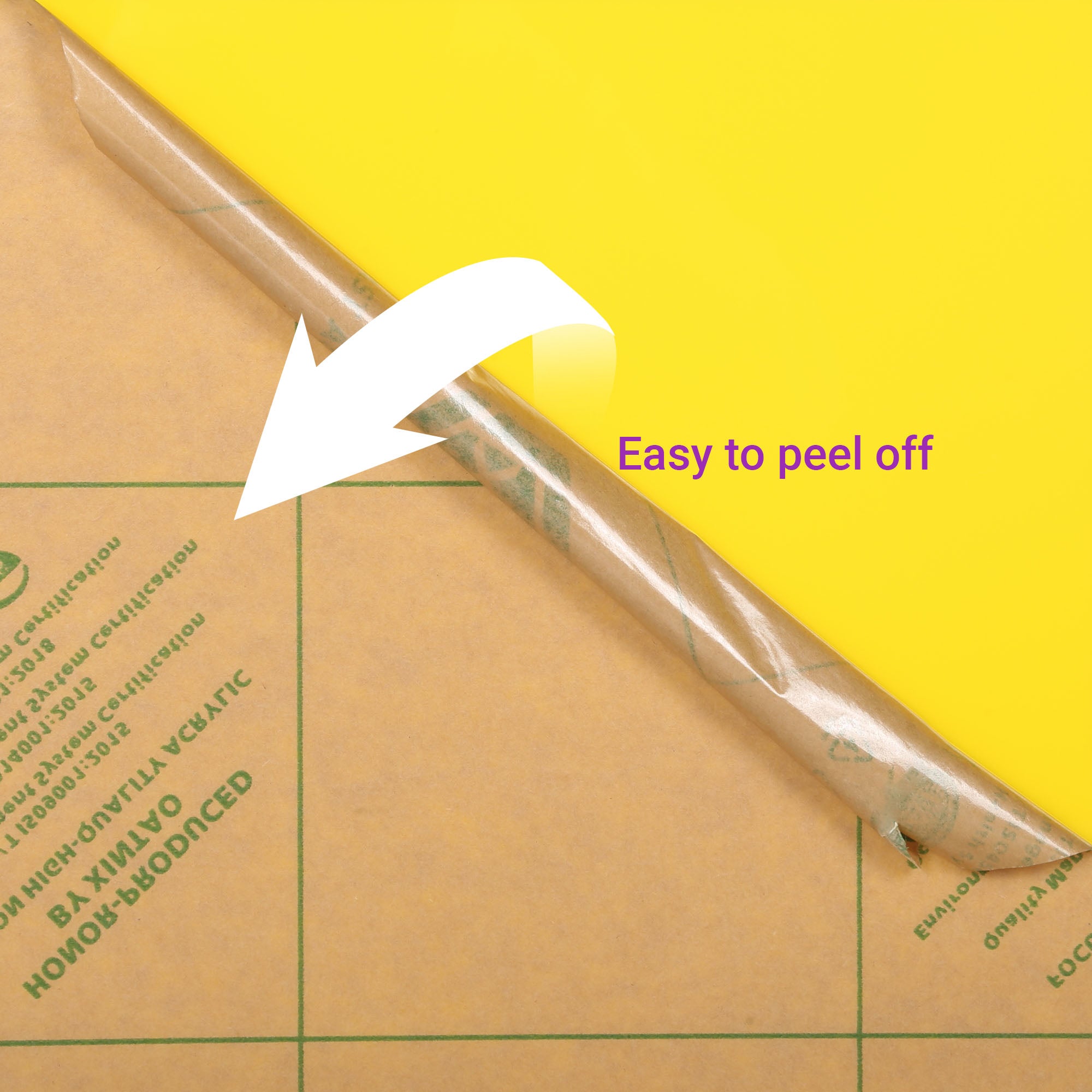 A close-up picture shows the protective film on the acrylic sheet can be easily peeled off. The protective film is peeled off smoothly, demonstrating the simplicity of the protective film peeling process.