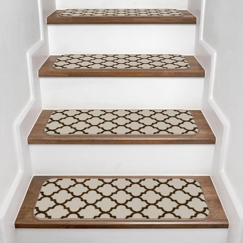 Skid-Resistant Carpet Stair Treads Moroccan Trellis Vanilla Cream & Coffee Brown