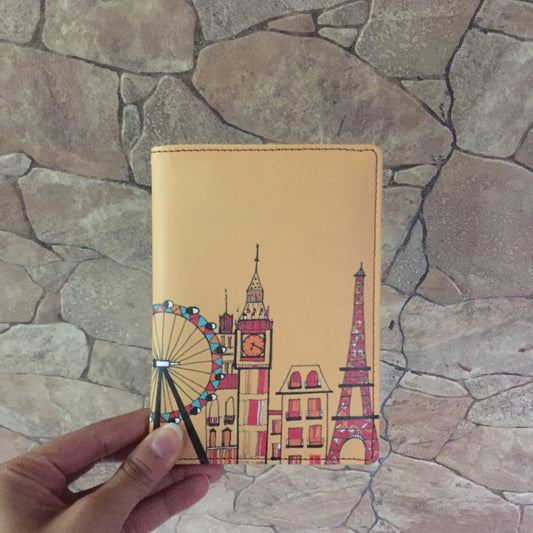 Passport Cover- 'Tan' London Paris New York Skyline 